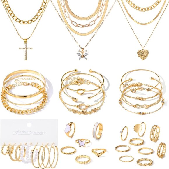 Jewelry - 45 PCS Gold Jewelry Set for Women Dainty Dangle Earrings,Elegant Knuckle Rings,A